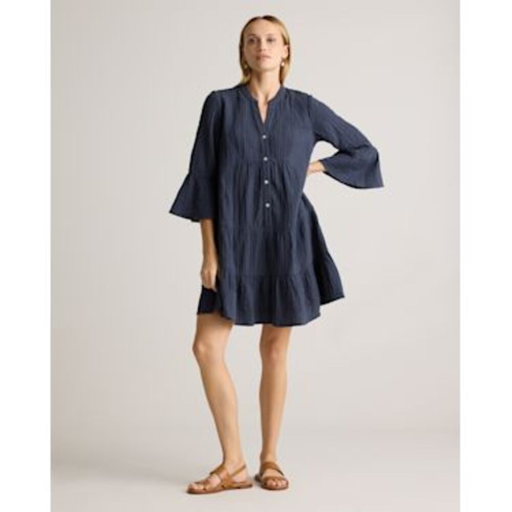 Quince Navy Blue Tiered Button-Front Dress